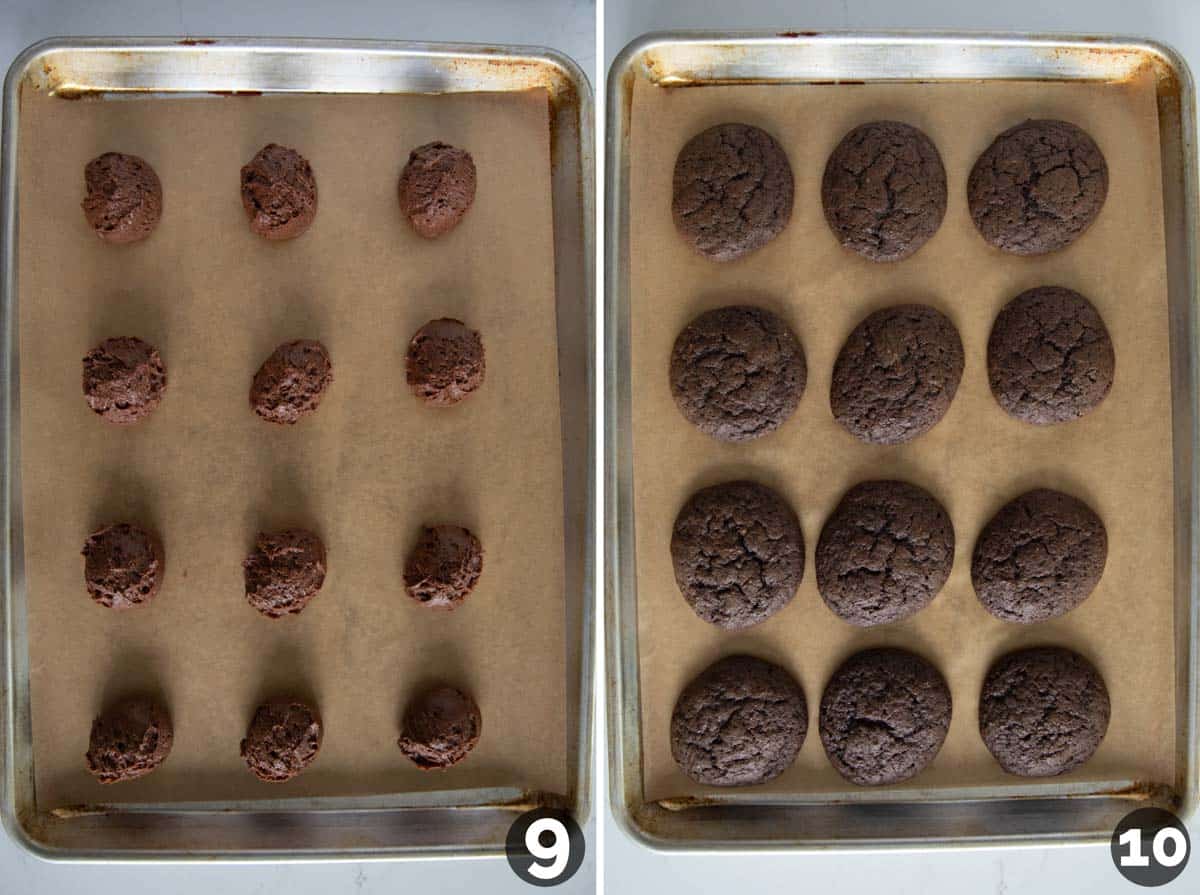 Baking whoopie pies on a baking sheets.