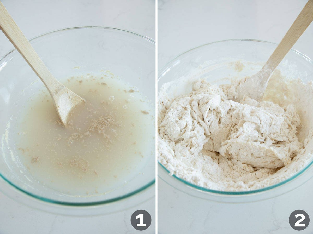 Mixing water, yeast, and salt, and then adding flour for pizza dough.