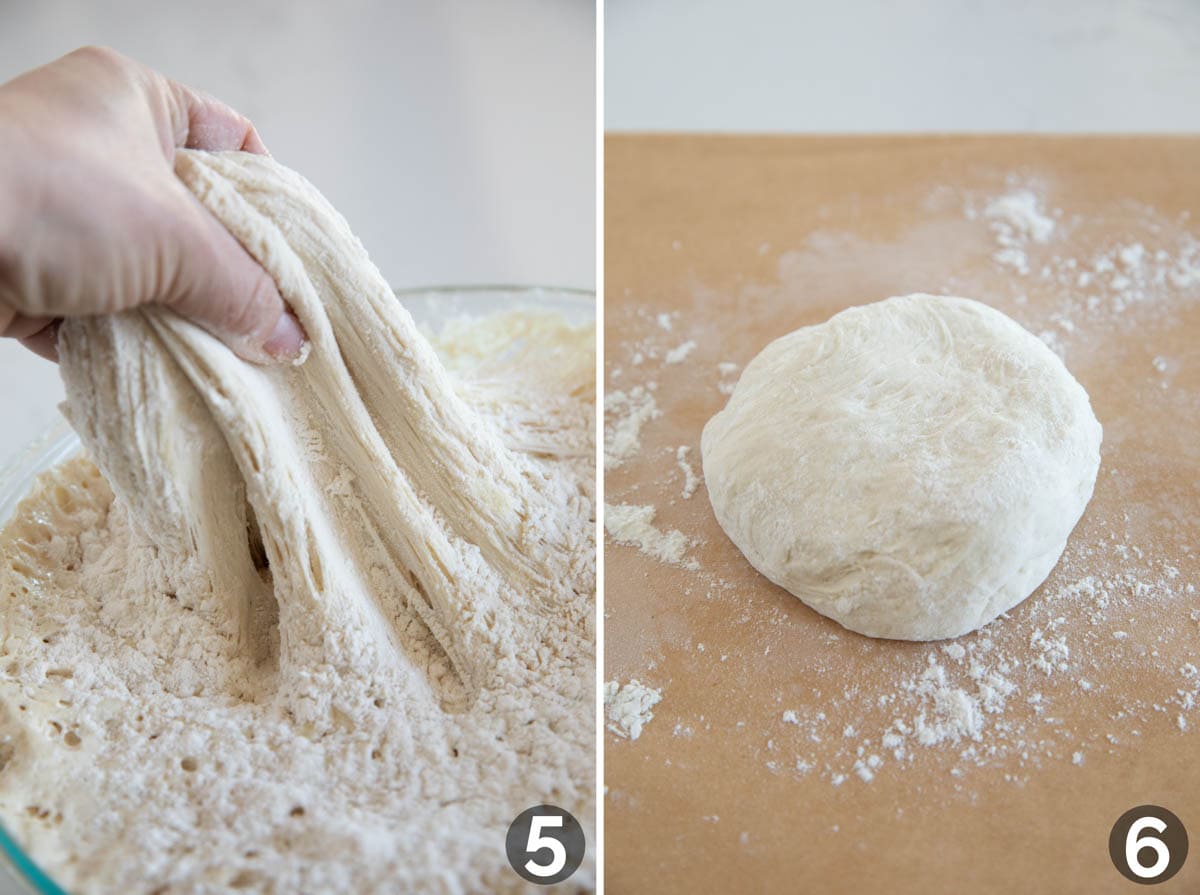 Pulling pizza dough and making a ball of pizza dough to make a pizza.