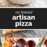 Artisan pizza collage with text overlay.