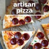 Artisan pizza with text overlay.