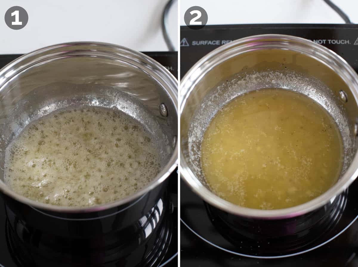 Collage of pictures of making garlic butter with lemon juice.