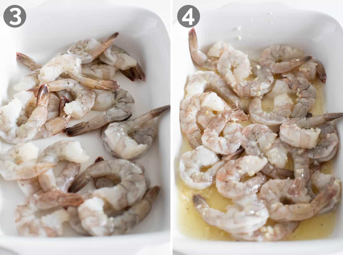 Collage with steps showing how to make baked shrimp- adding shrimp to a dish and stirring in garlic lemon butter.