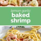 Baked Shrimp collage with text bar in the middle.