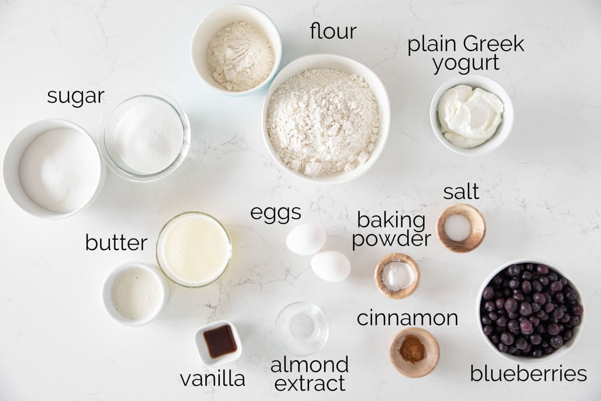 Ingredients needed for blueberry muffins.