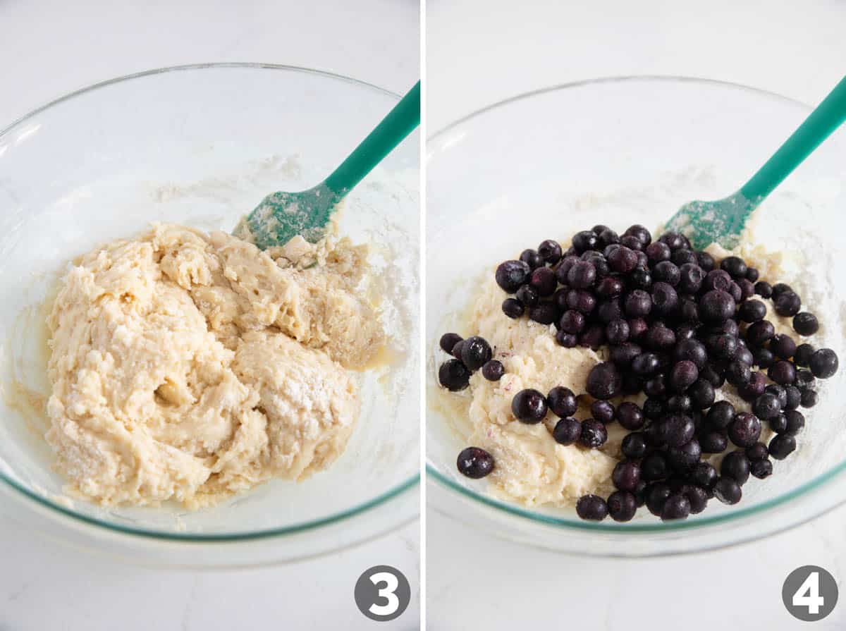 Adding blueberries to muffin batter.