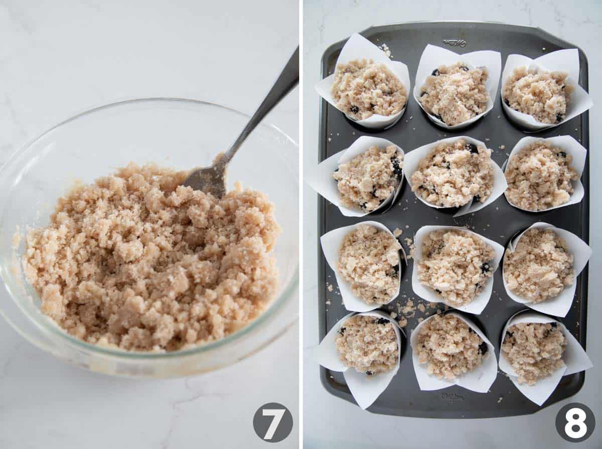 Adding crumb topping to blueberry muffins.