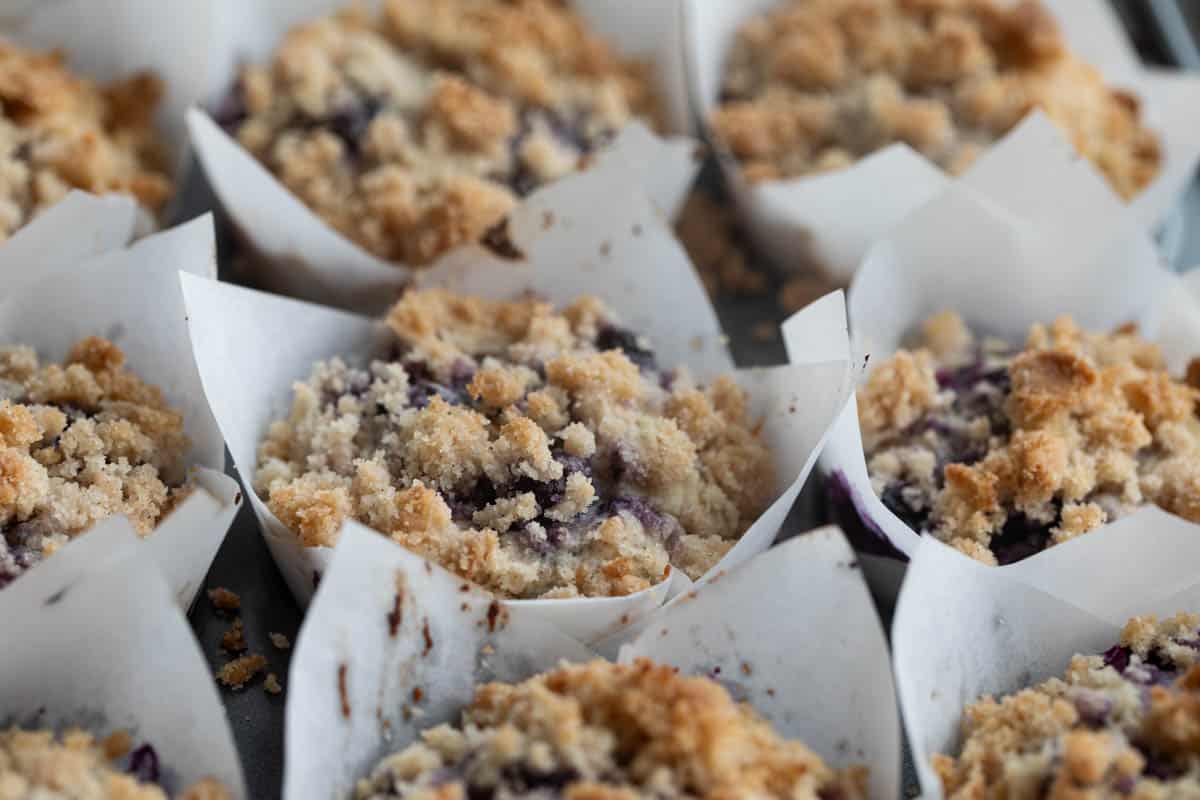 Blueberry muffins topped with extra blueberries and crumb topping in a muffin tin.
