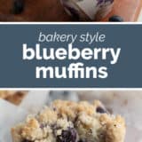 Blueberry muffins collage with text bar in the middle.