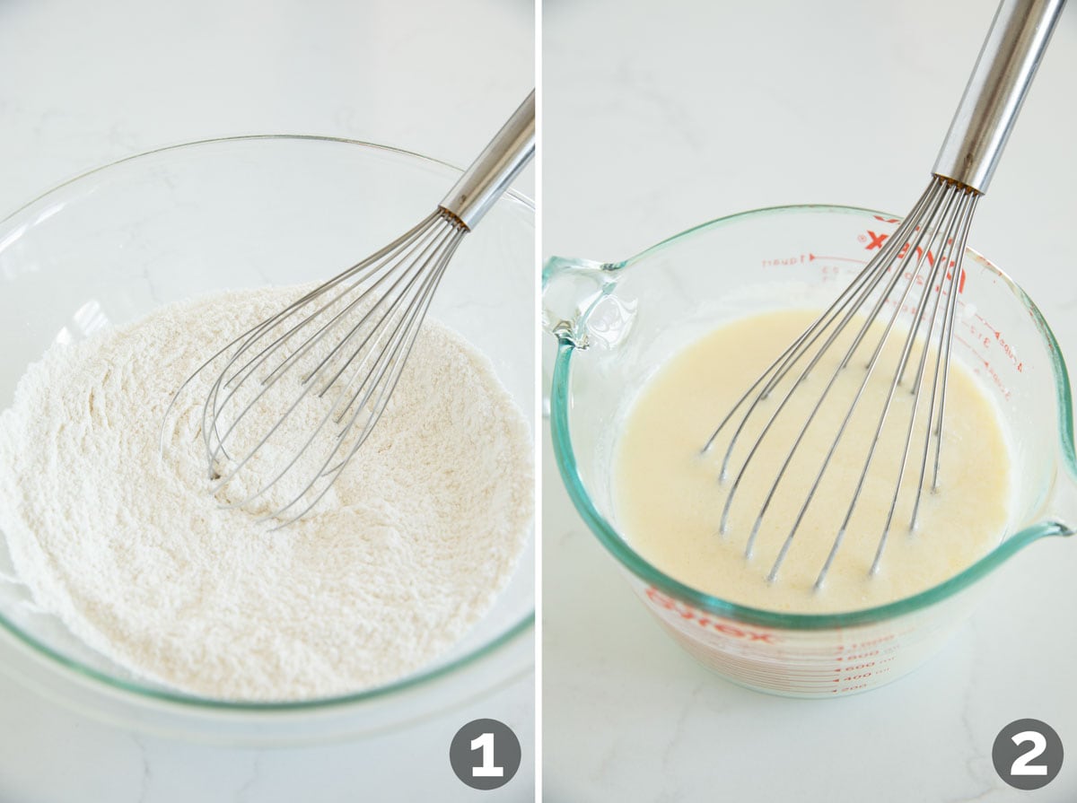 Steps to make cheesecake pancakes - whisking the dry ingredients and whisking the wet ingredients.