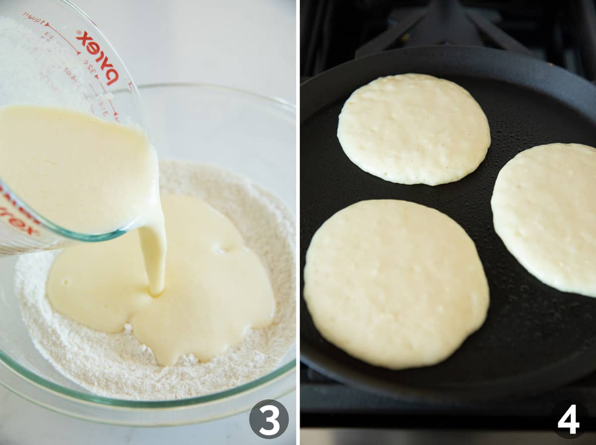 Adding wet ingredients to dry ingredients and cooking pancakes on a skillet.