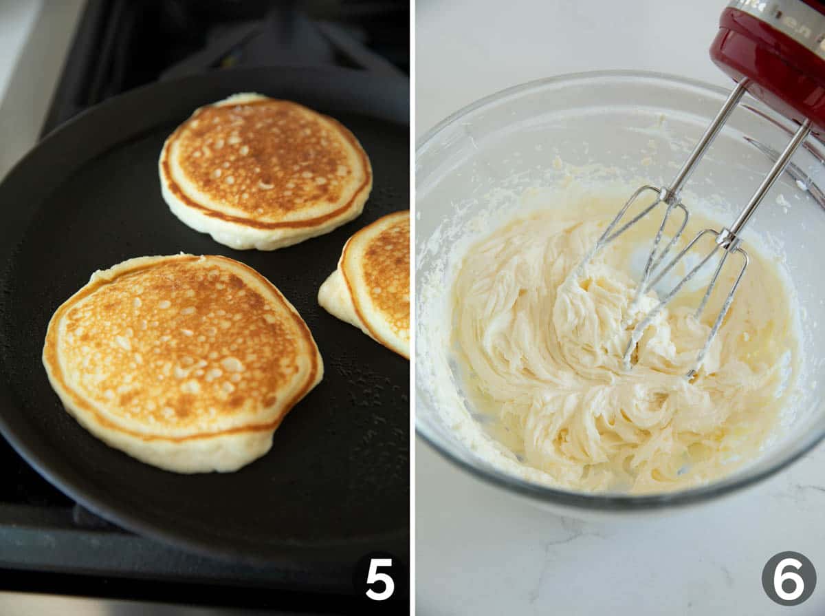 Cooking cheesecake pancakes on a pan, and making cheesecake filling for the pancakes.