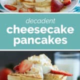 Cheesecake pancakes collage with text bar in the middle.