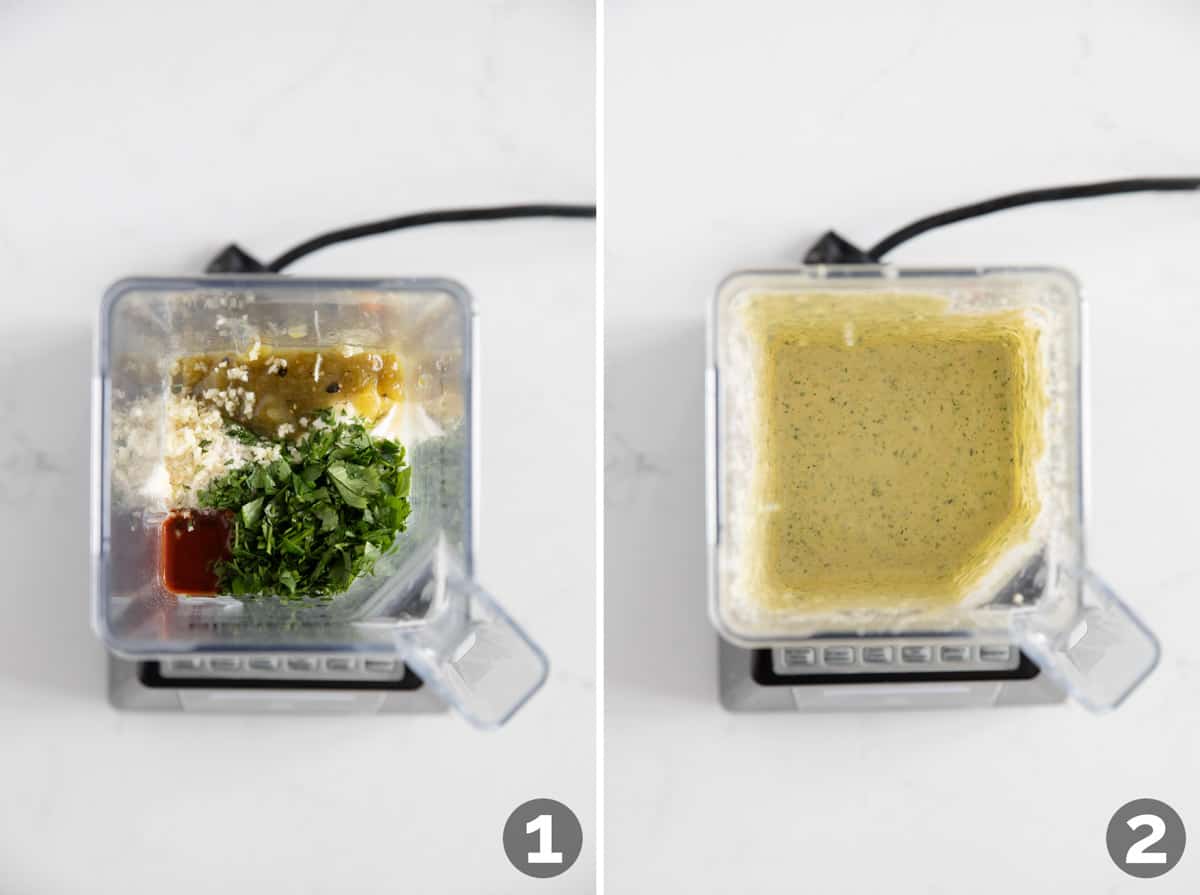 Making cilantro ranch dipping sauce in a blender.