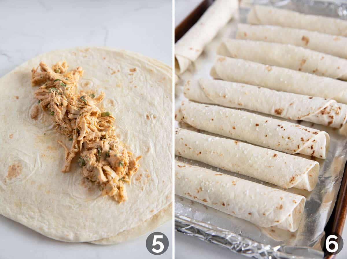 Collage showing adding filling to a flour tortilla, then with the tortilla rolled up and sprinkled with salt.