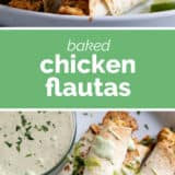 Chicken Flautas collage with text bar in the middle.
