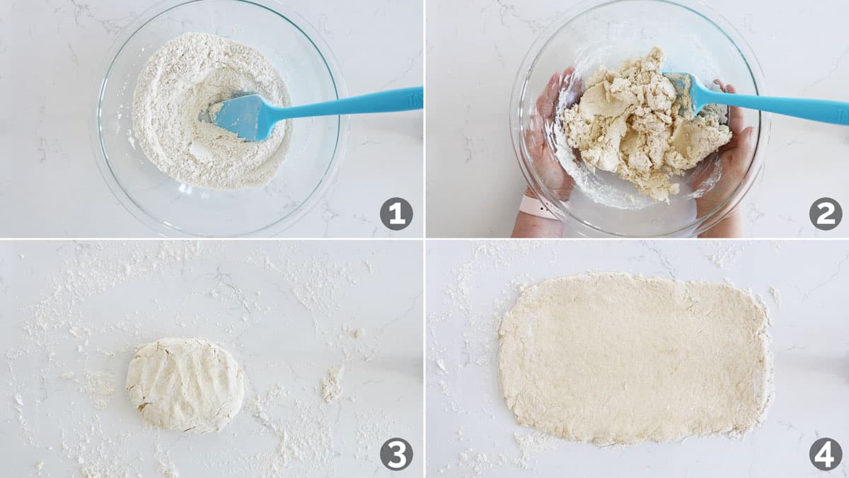 Collage showing steps to make cinnamon biscuits, including making dough and rolling it out.