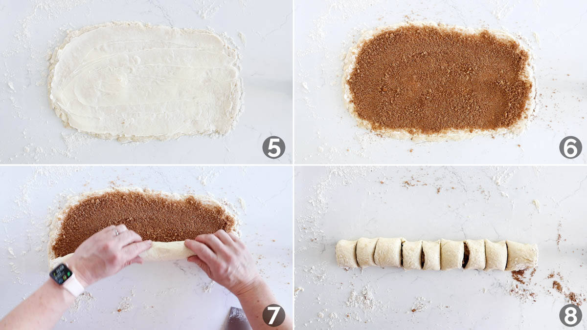 Collage with steps on how to make cinnamon biscuits - showing topping dough with butter and cinnamon and rolling dough.