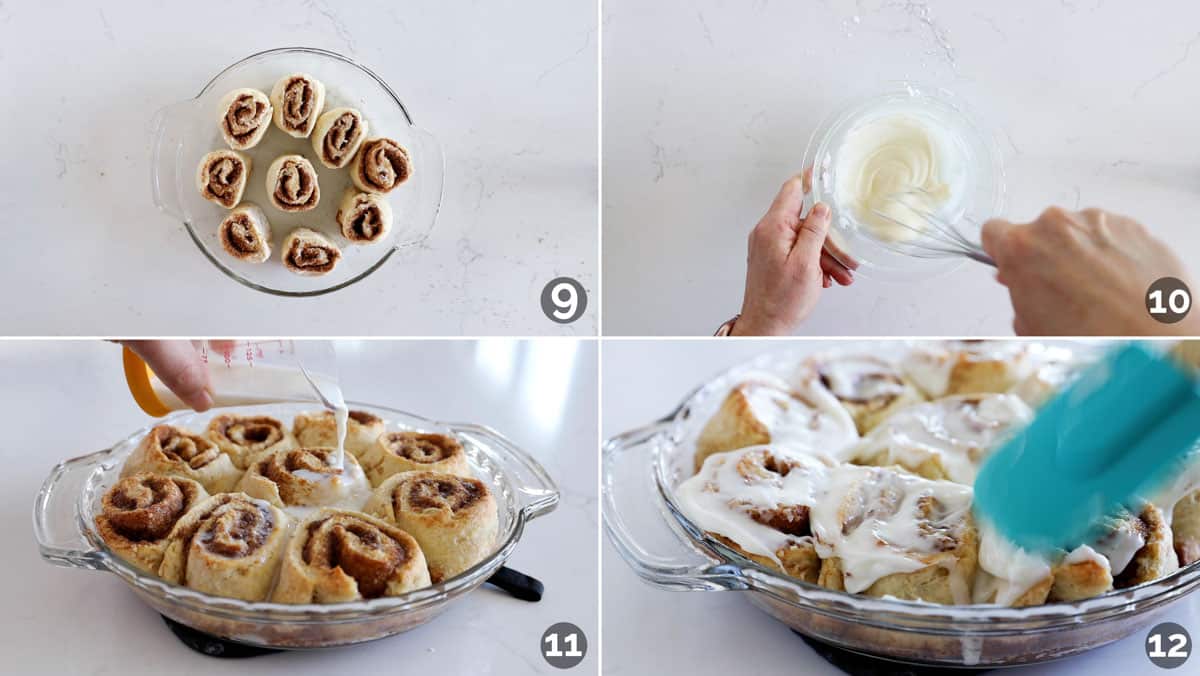 Collage with steps to make cinnamon biscuits - showing baking biscuits and adding icing.