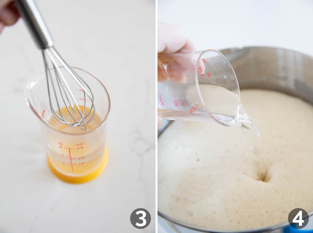Collage showing water mixed with baking soda, and then adding the mixture to crumpet batter.