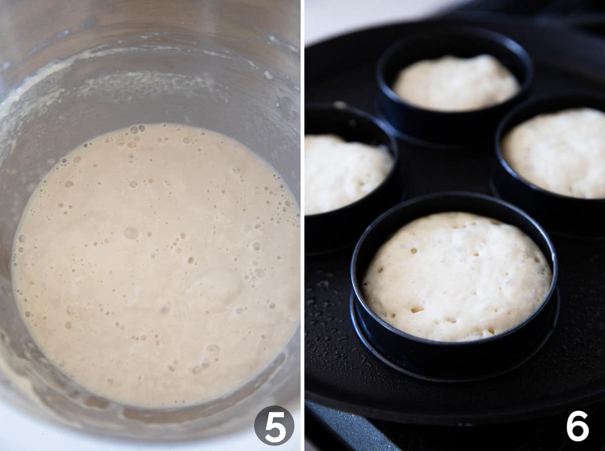 Collage showing batter for crumpets and cooking crumpets in rings.