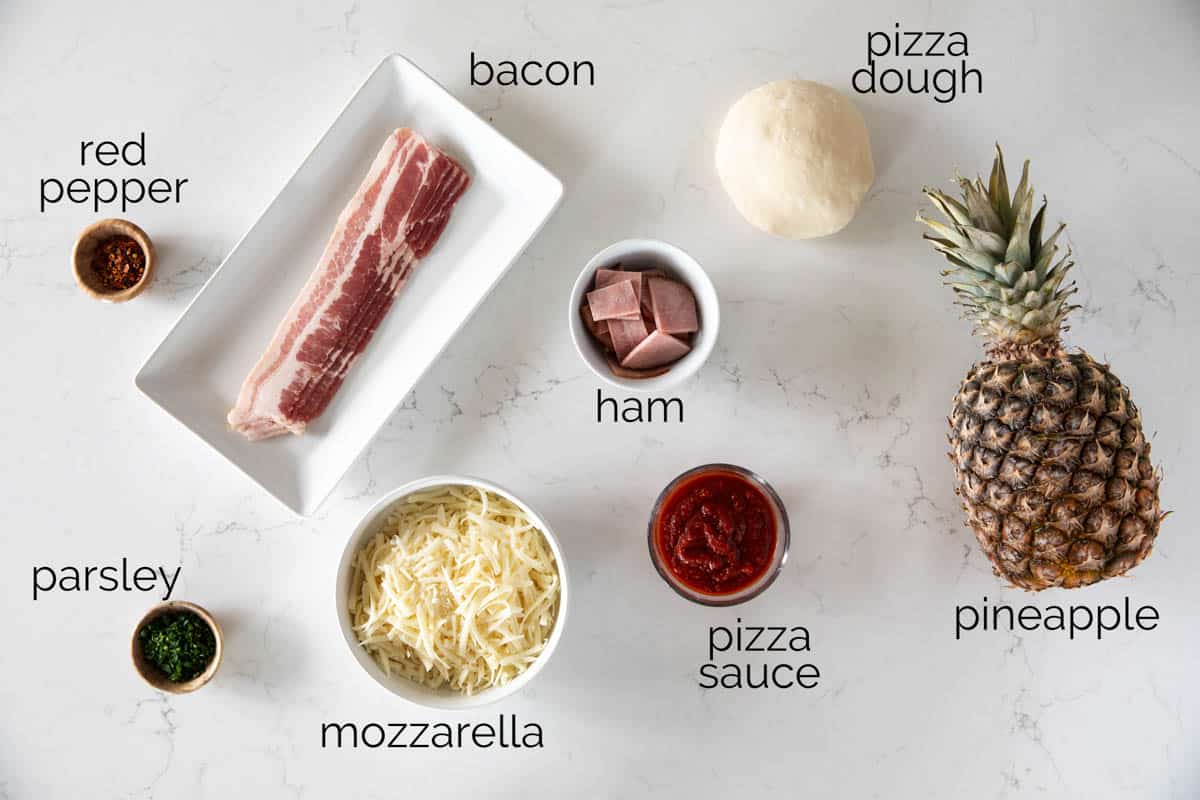 Ingredients to make Hawaiian Pizza