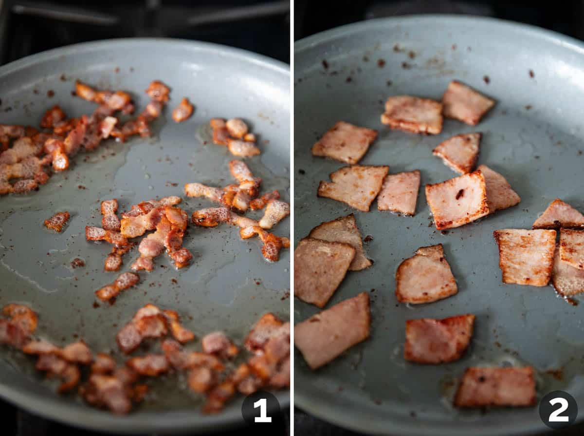 Cooking bacon, then browning pieces of ham.