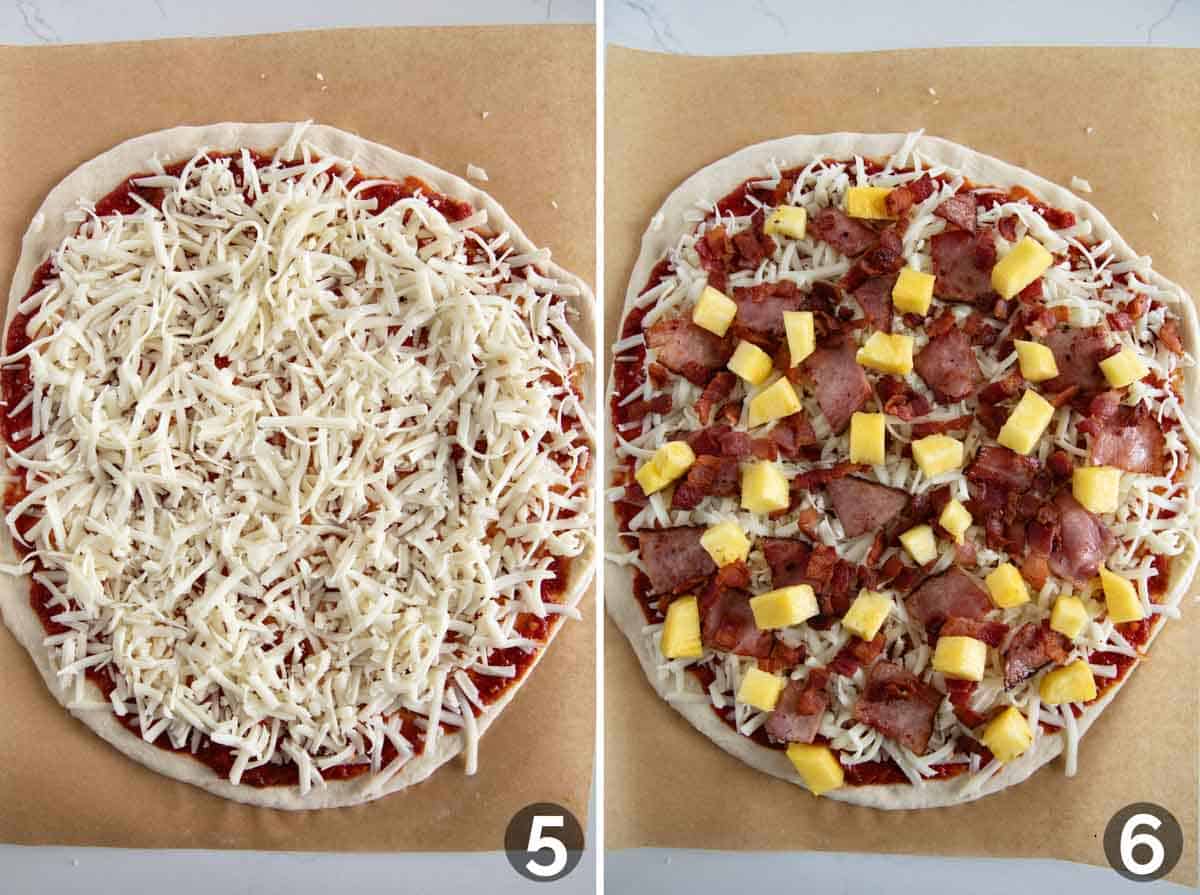 Topping pizza with cheese, bacon, ham, and pineapple.