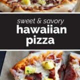 Hawaiian Pizza collage with text bar in the middle.