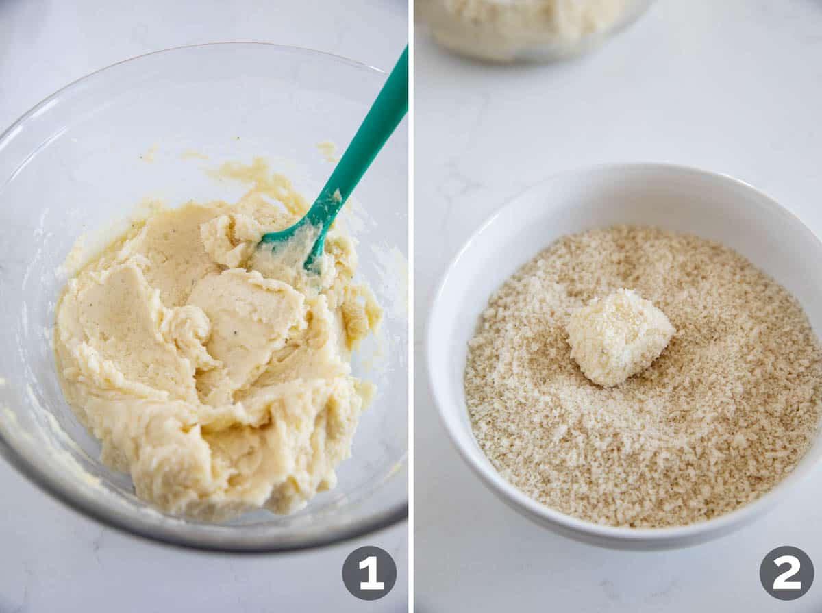 Photo collage showing mixture for homemade mashed potatoes, and rolling mixture in panko bread crumbs.