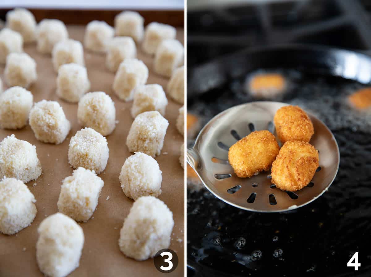 Photo collage showing shaped homemade tater tots, and cooked tater tots coming out of the oil.