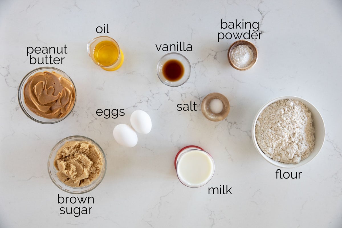 Ingredients needed to make Peanut Butter Muffins.