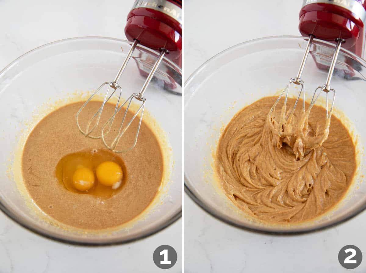 Collage showing steps to make peanut butter muffins, including mixing eggs into batter.