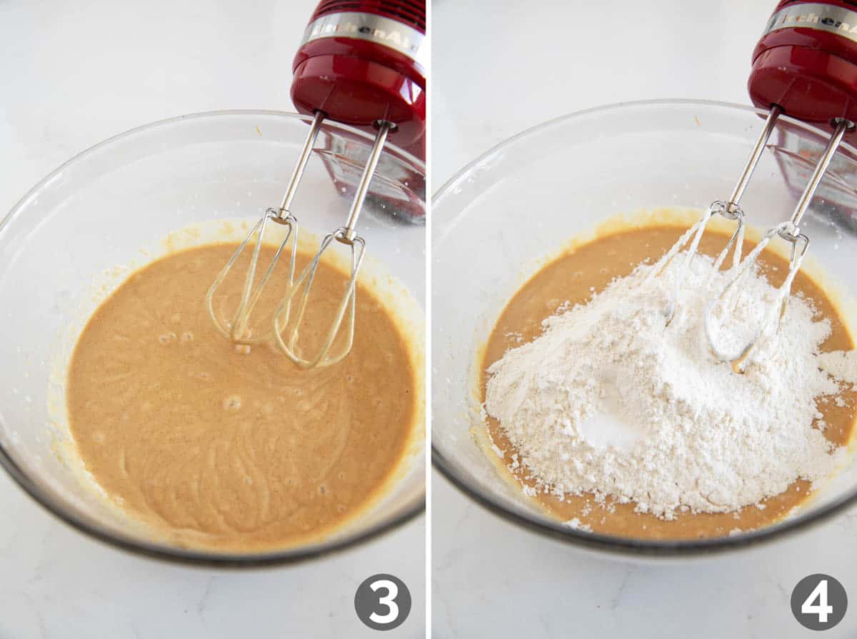 Collage showing steps to make peanut butter muffins.