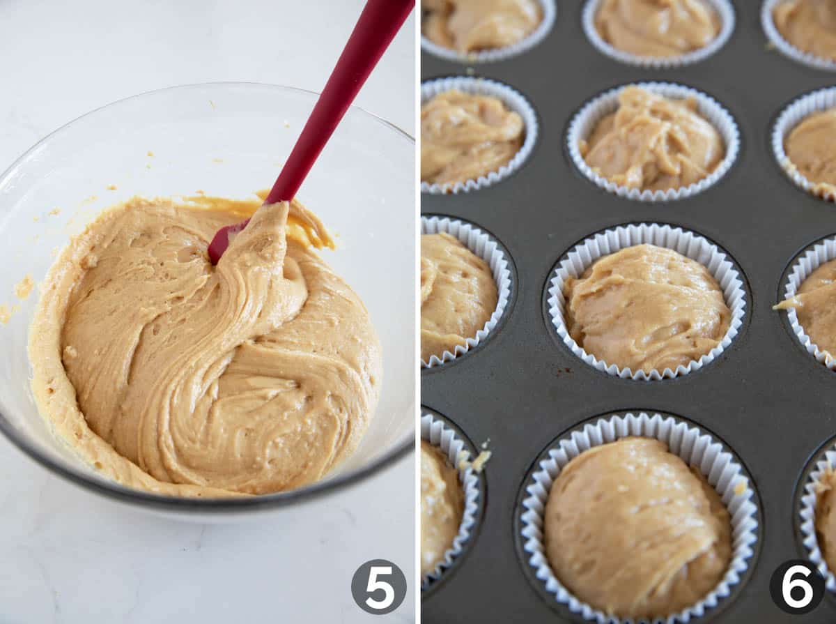 Collage showing peanut butter muffin batter in a bowl and muffin cups filled with batter.