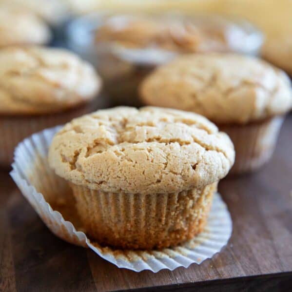 A peanut butter muffin with the wrapper removed.