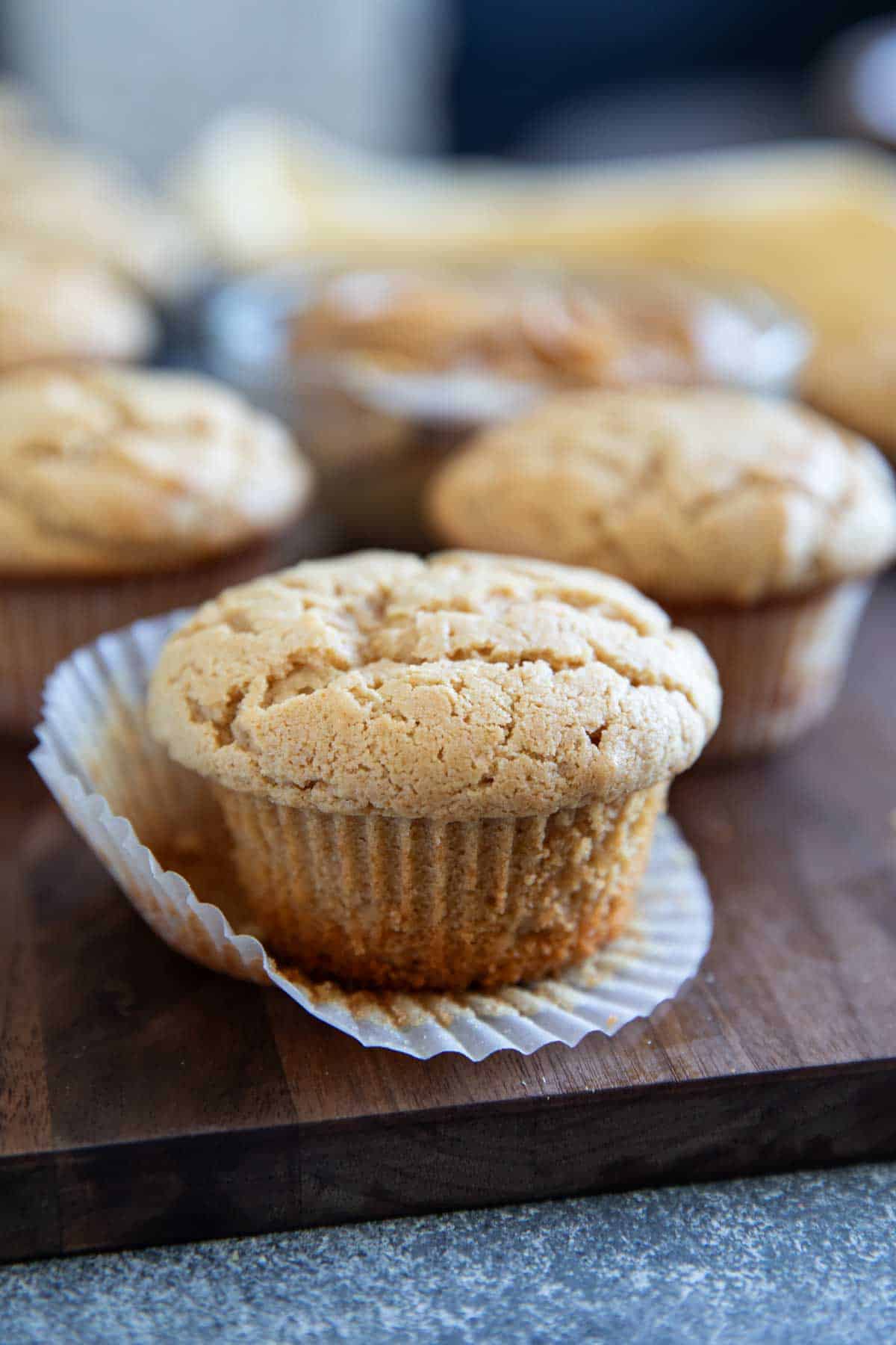 A peanut butter muffin with the wrapper removed.