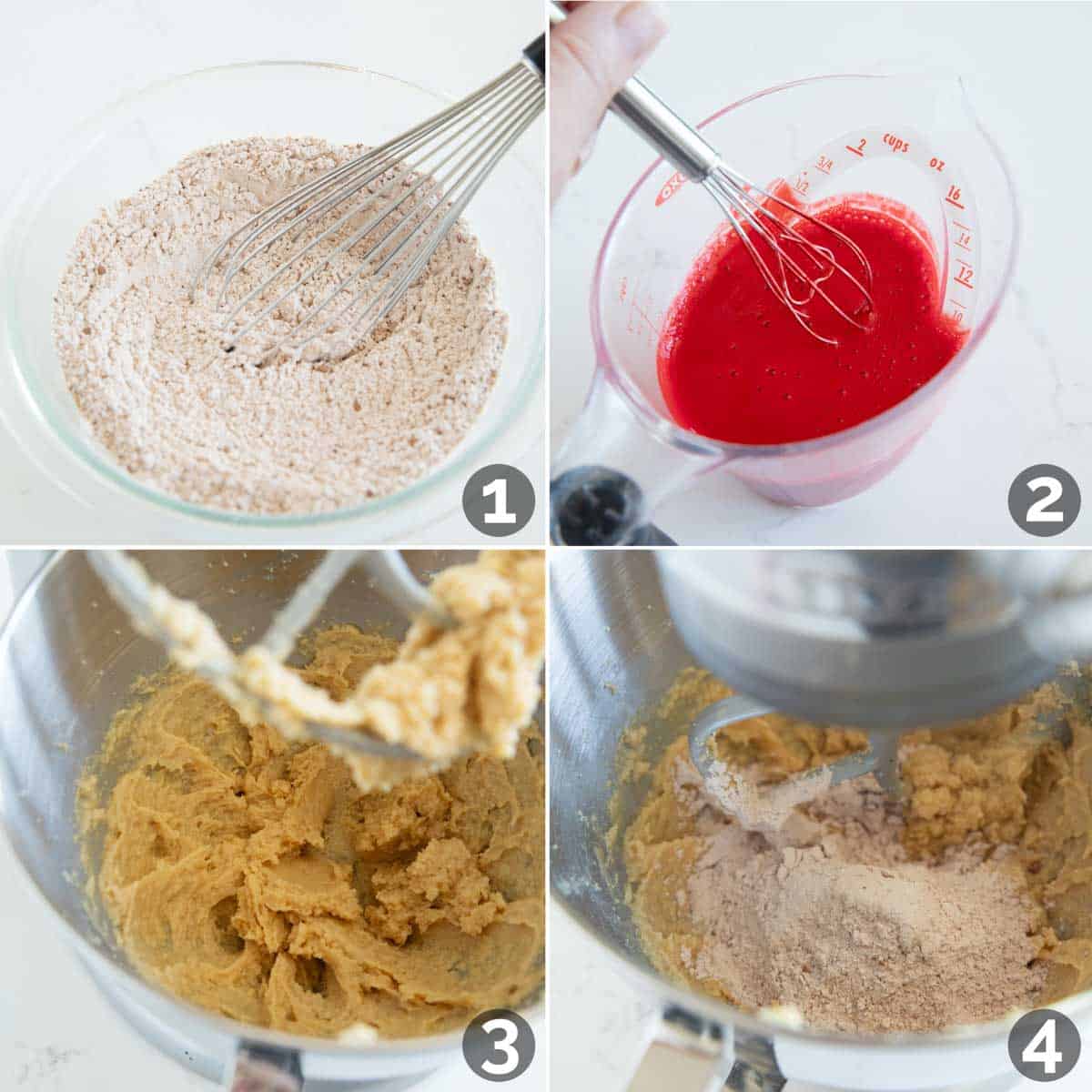 Steps to make batter for red velvet whoopie pies.