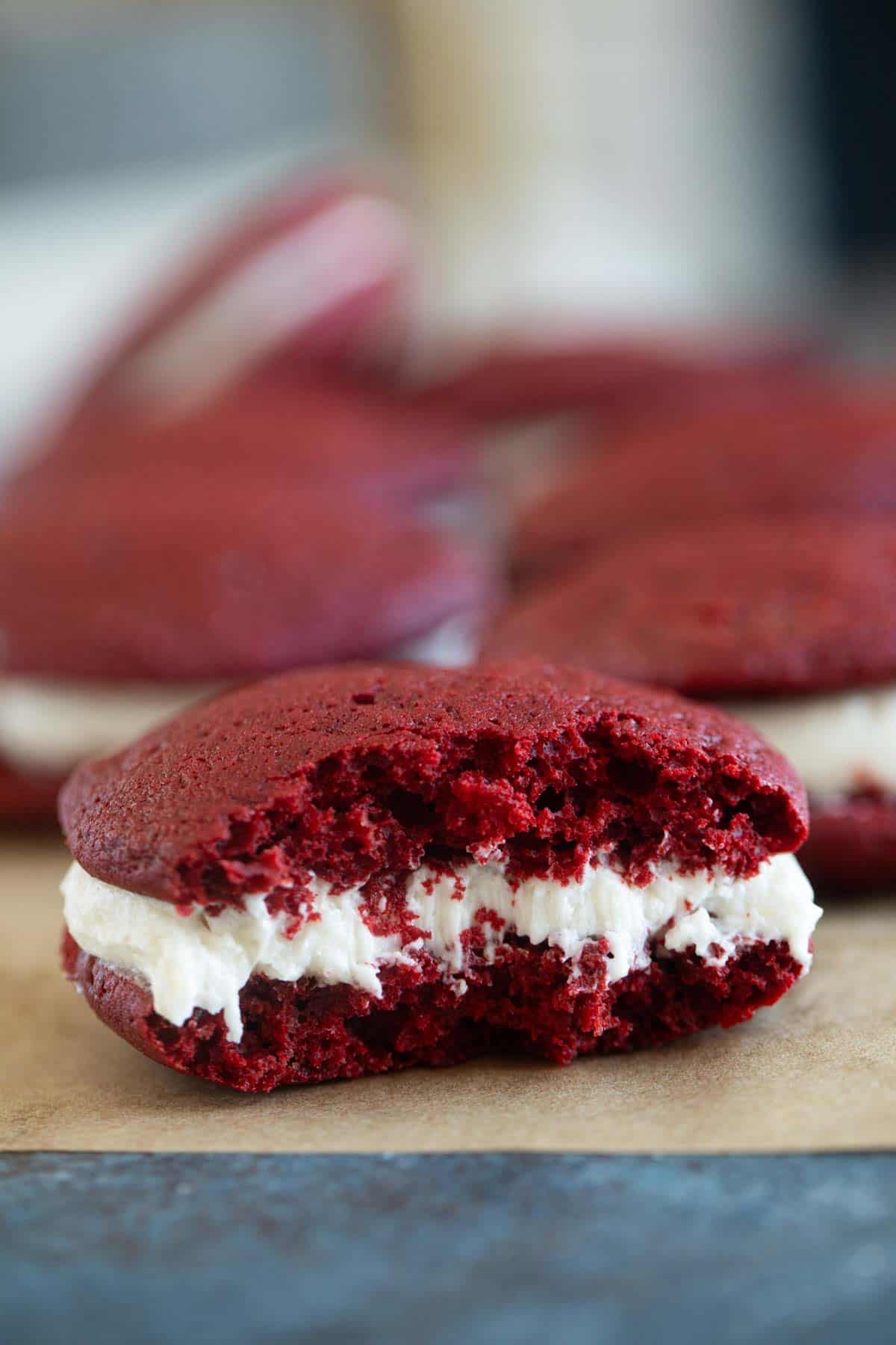 Red Velvet Whoopie Pie cut in half.