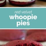 Red Velvet Whoopie Pies collage with text bar in the middle.