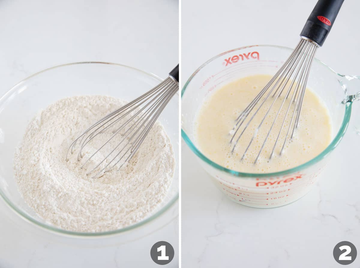 Collage showing steps to make sheet pan pancakes, including mixing wet ingredients and mixing dry ingredients.