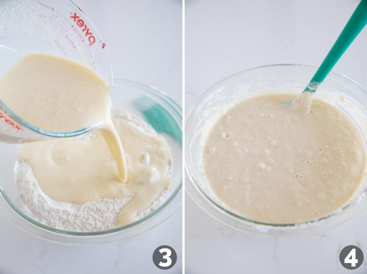 Collage showing steps to make sheet pan pancakes, including combining wet and dry ingredients and mixing them together.
