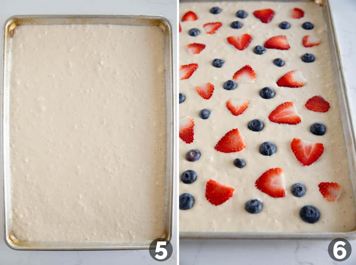 Collage showing steps to make sheet pan pancakes, including pouring batter into a prepared pan and adding berries on top.