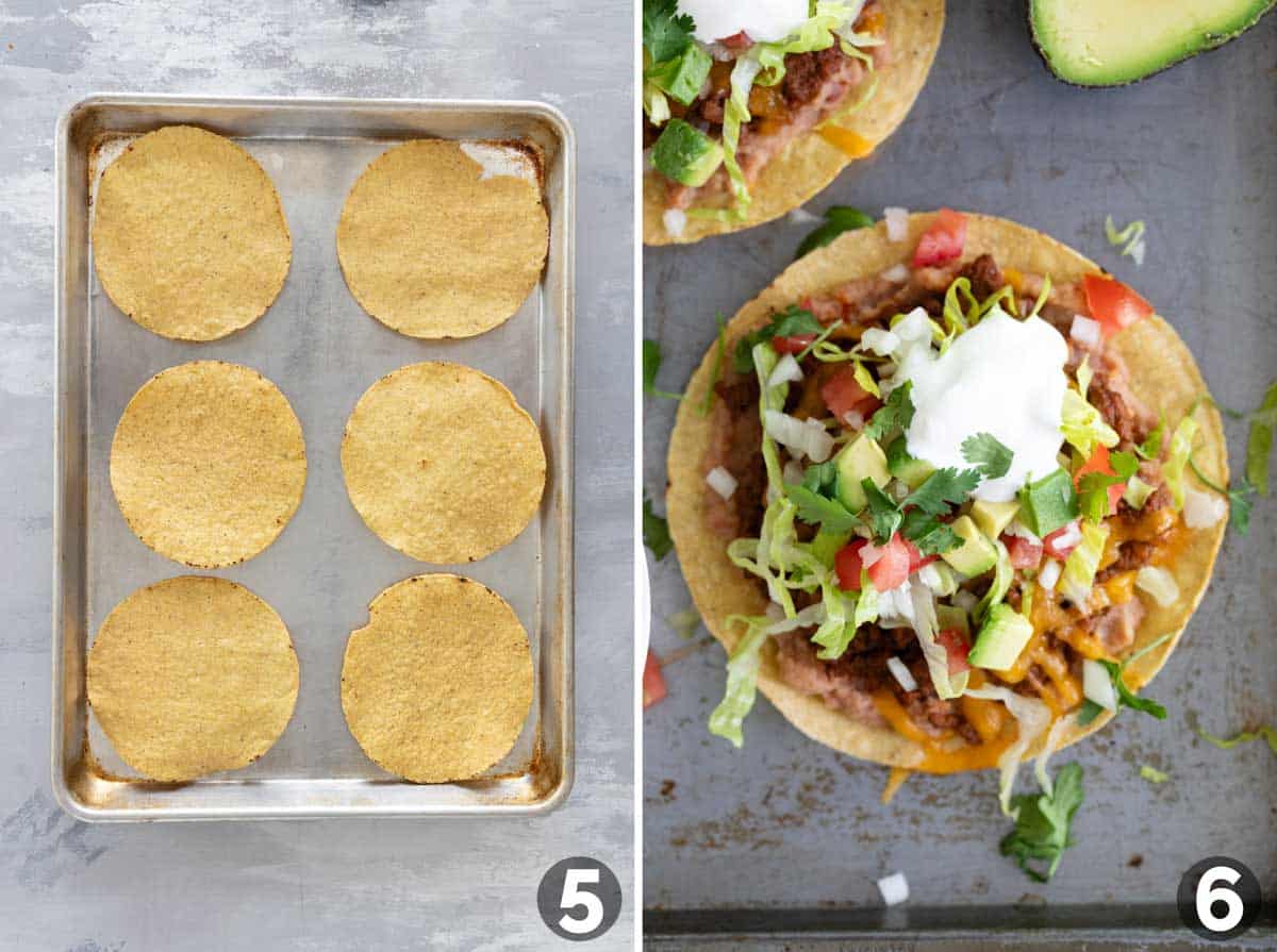 Heating tostada shells and assembling Beef Tostadas.