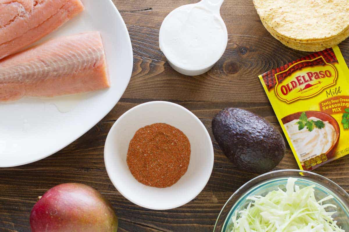 Ingredients to make Blackened Salmon Tostadas.