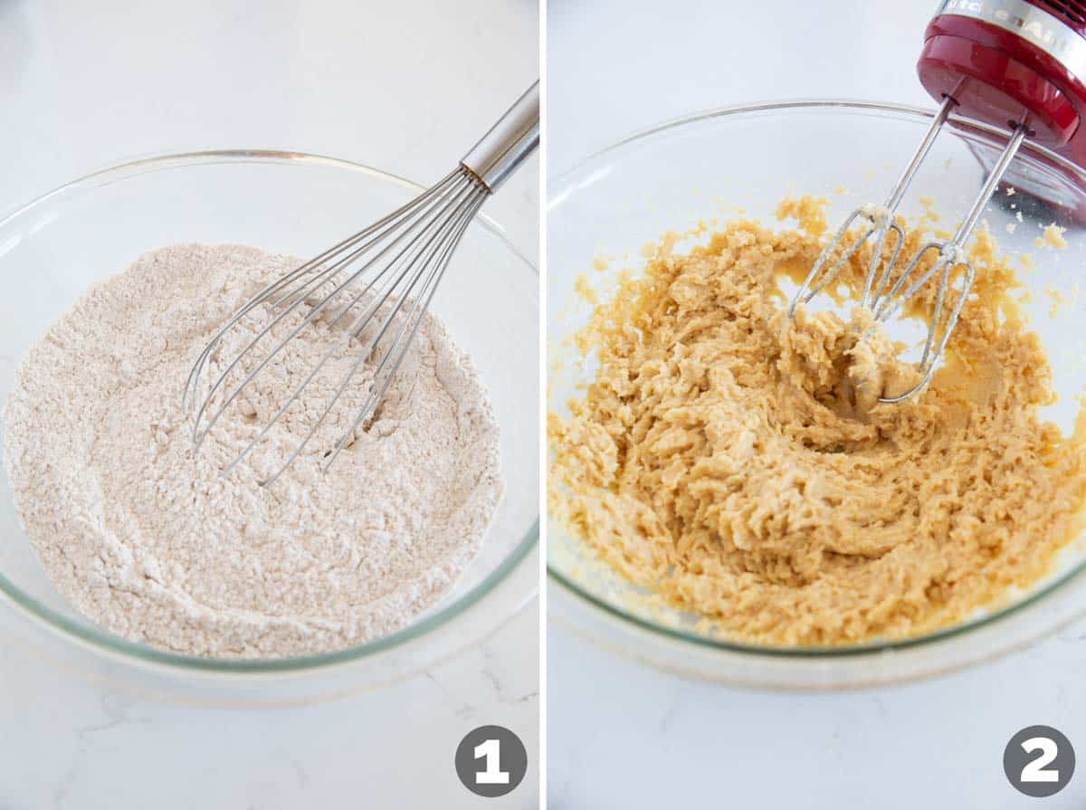 Mixing dry ingredients and mixing wet ingredients to make cookies.