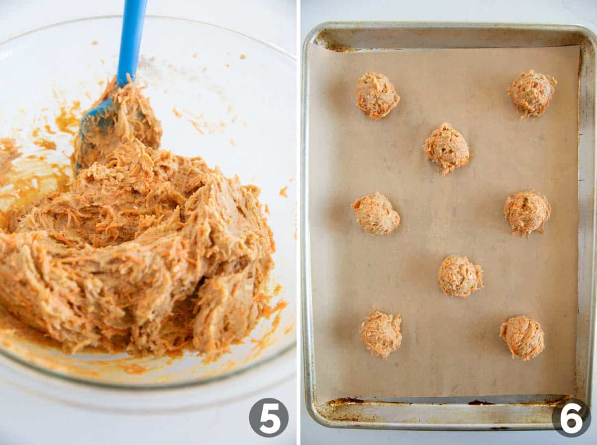 Mixing carrot cake cookie dough and placing on a baking sheet.