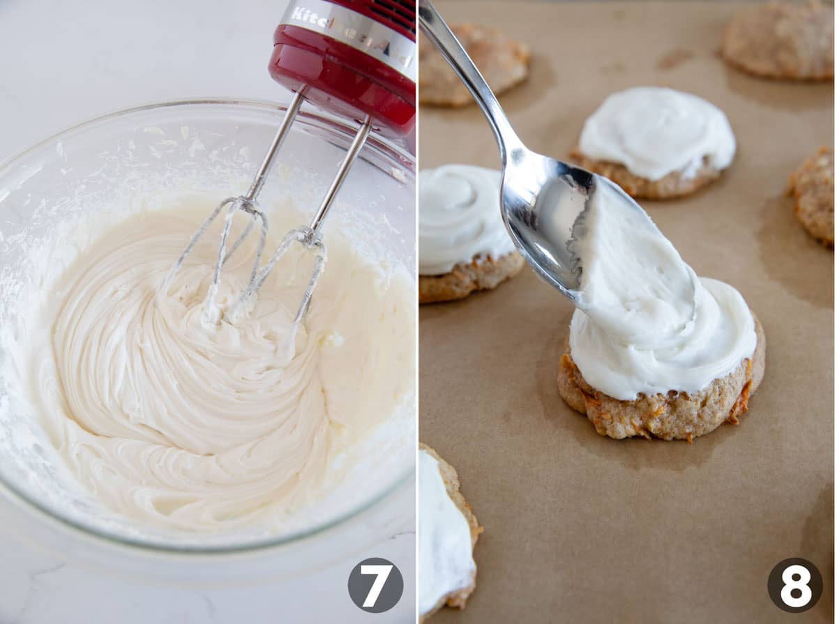 Making cream cheese frosting and spreading on carrot cake cookies.