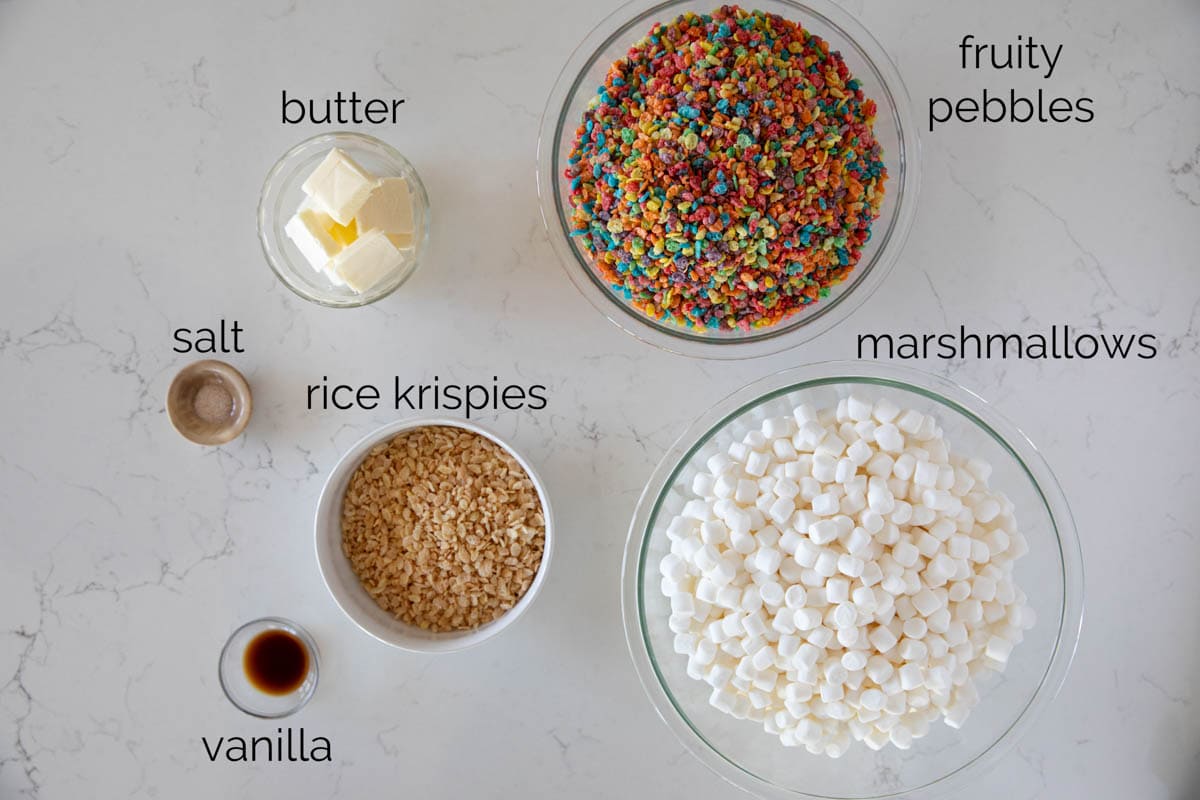 Ingredients for fruity pebble rice crispy treats.