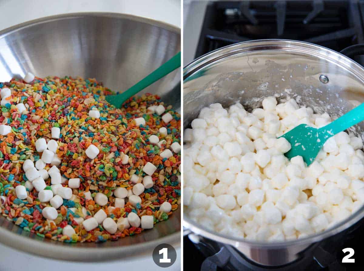 Mixing cereal and marshmallows together, and melting butter and marshmallows together.